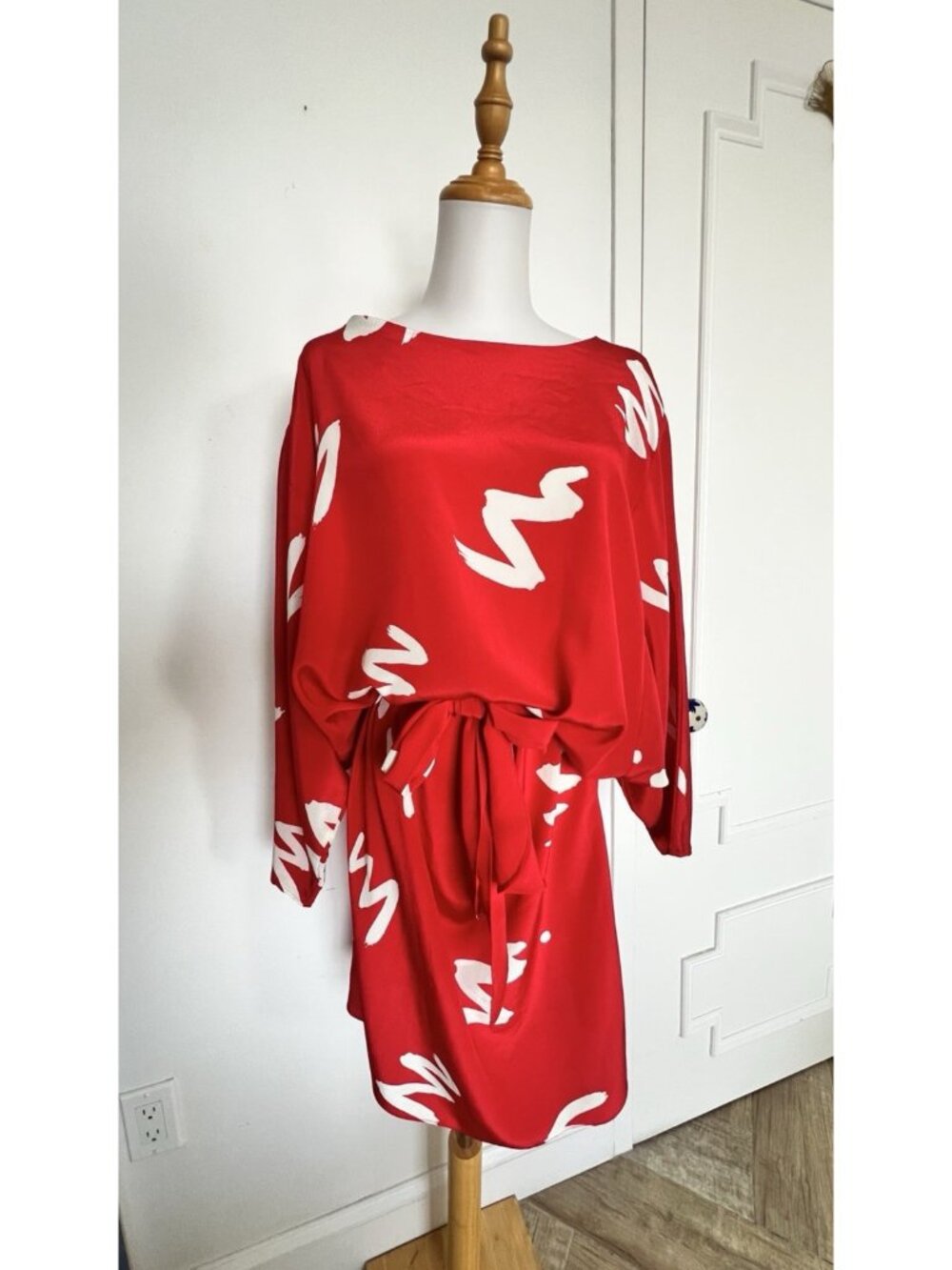 Dawn Joy Women’s Size 9-10 Dress Batwing Red White Shoulder Pads Belted 1990 Vtg